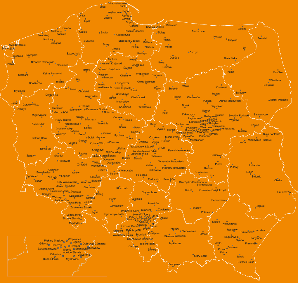 Mapa 328 miast członkowskich należących do Związku Miast Polskich.